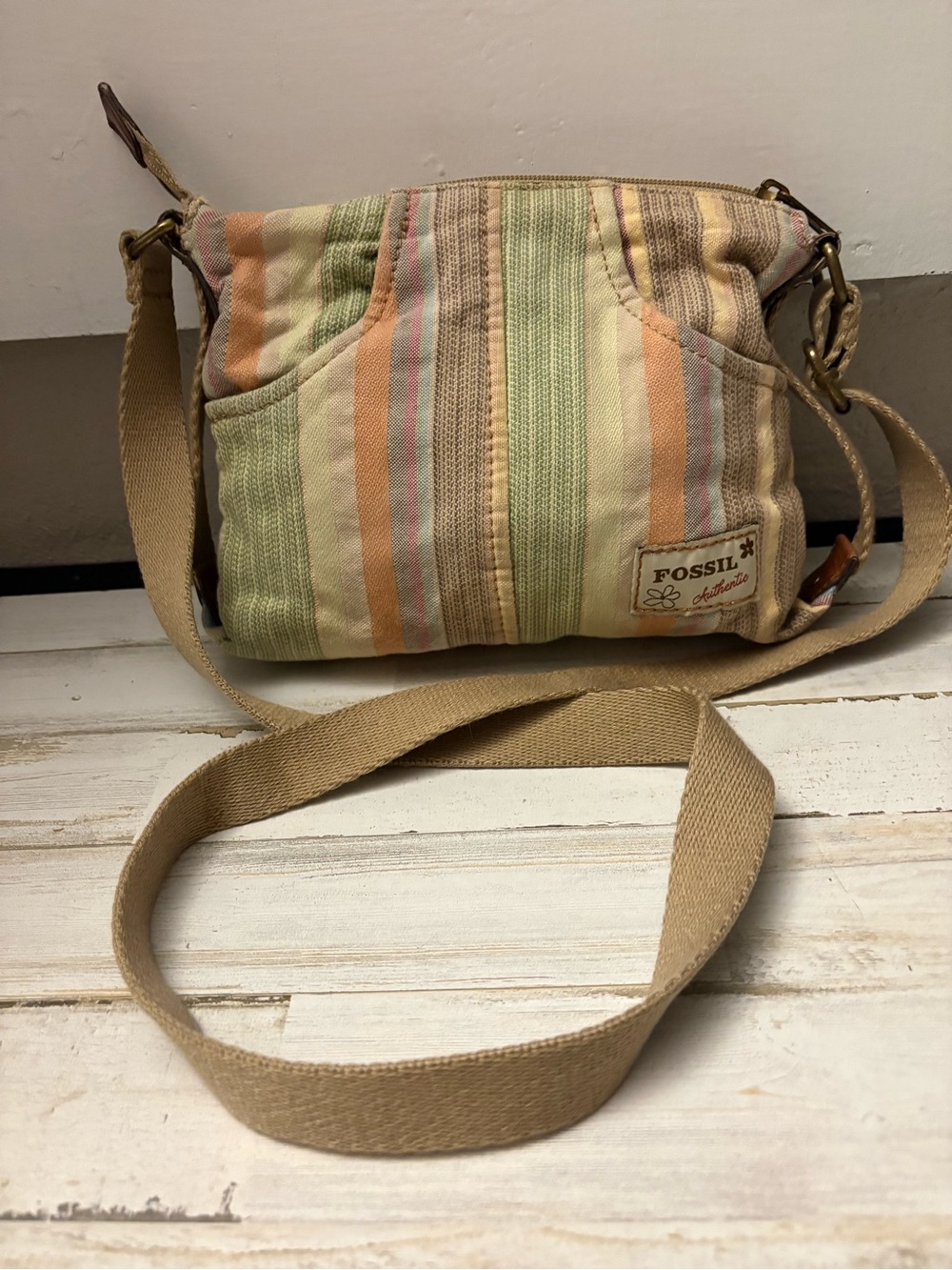 Fossil Y2K Multi Pastel Striped Canvas Crossbody Messenger Bag
